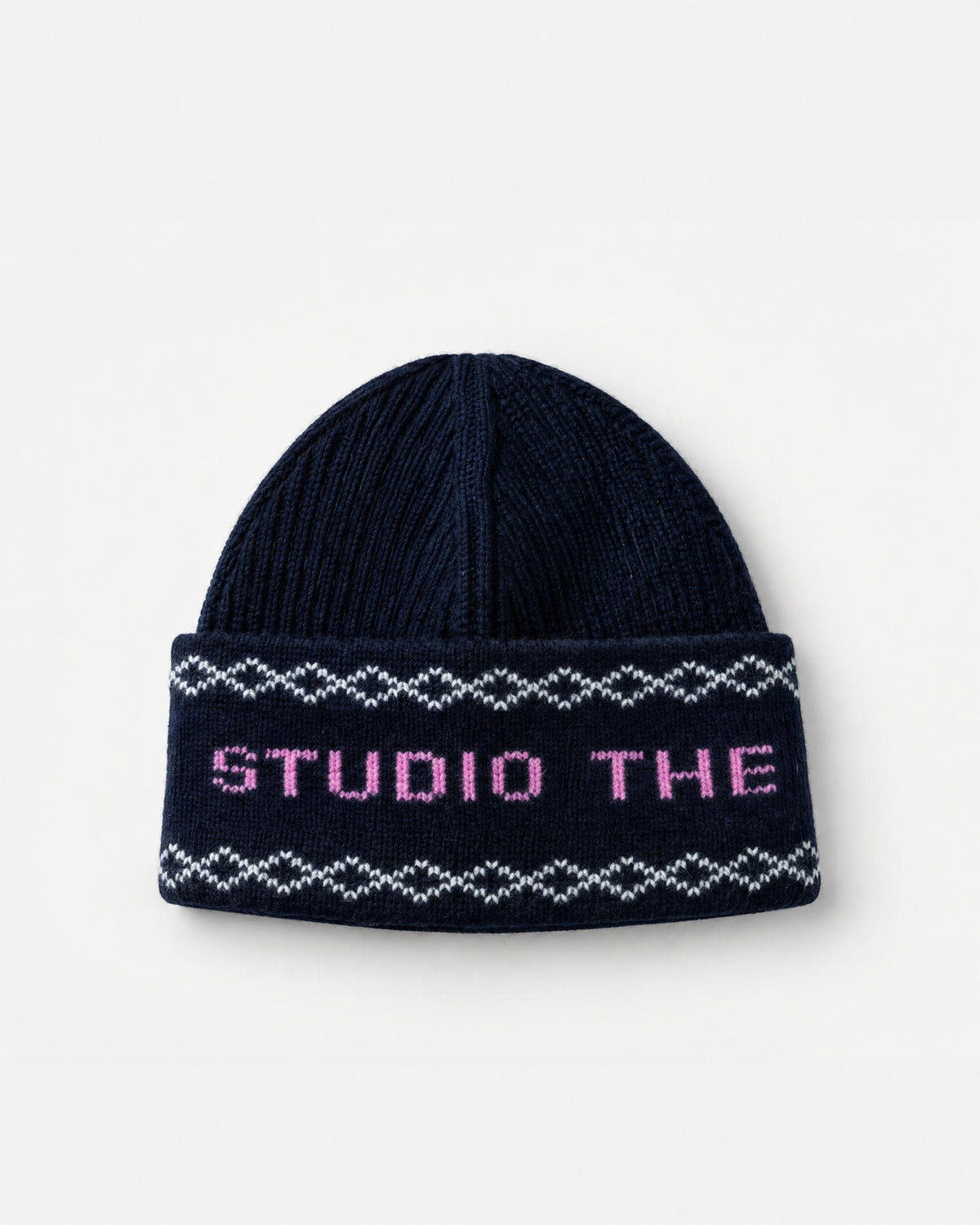 C-21 Lambswool TMS Beanie, flat front, detail of logo band image