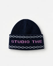 C-21 Lambswool TMS Beanie, flat front, detail of logo band thumbnail image