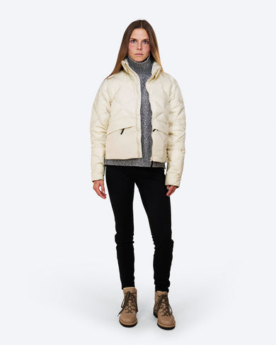 D-14 WUL Pertex Ultralight Down Collar Jacket, on model three-quarter front, styled with black leggings
