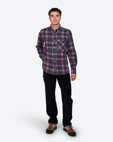 The Mountain Studio G-10 Button Down Flannel Shirt in Bellweather Blue, on model front