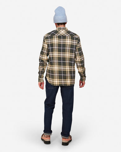 G-2 Cotton Flannel Overshirt in Peat, on model back, with beanie