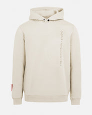 Beige men's hoodie from The Mountain Studio featuring a minimalist vertical logo, ergonomic hood with Japanese press button closure, ribbed cuffs and hem, crafted from premium organic cotton for durability and comfort. thumbnail image
