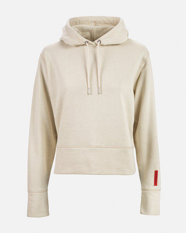 The Mountain Studio H-8 W women’s hoodie in white, featuring a cropped minimalist design, adjustable hood with metal eyelets, ribbed cuffs and hem, and a subtle vertical logo detail on the sleeve.
