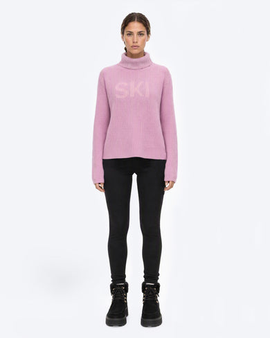 The Mountain Studio K-16 W Rib Lambswool Ski Sweater in Lilac Snow, on model front
