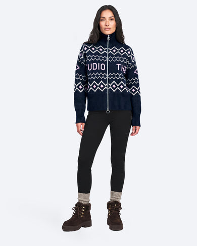 K-17 W Ski Lambswool Zip Jacket in Sky Captain, close-up on model front