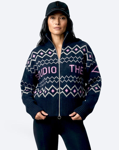 The Mountain Studio K-17 W Ski Lambswool Zip Jacket in Sky Captain, on model front