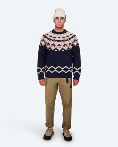 K-19 Ski Lambswool Fair Isle Sweater in Sky Captain, on model front, with beanie