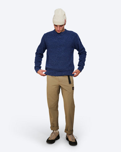 K-21 Cashmere Mix Melange Sweater in Bellweather Blue, on model front, with beanie