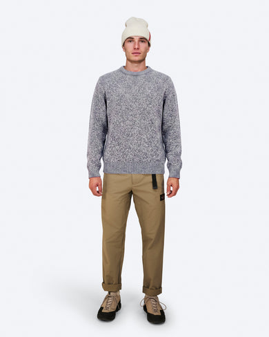 K-21 Cashmere Mix Melange Sweater in Grey Melange, on model front, with beanie