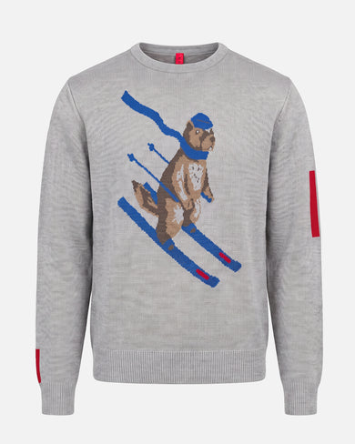 The Mountain Studio K-3 M Merino Marmotte Sweater in Grey Melange, on model front