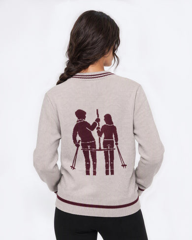 The Mountain Studio K-6 W Ski Lift Merino Sweater in Brindle, close-up of back graphic