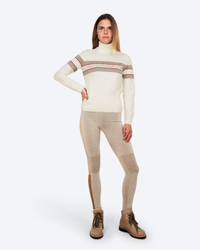 The Mountain Studio K-8 W Retro Merino Ski Sweater in Almond Milk, on model front