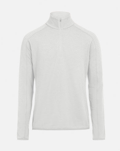 Mountain Studio M-6 Light Tech Fleece Half Zip in white, featuring a clean minimalist silhouette, subtle horizontal texture, and lightweight recycled polyester construction for breathable warmth and sustainable alpine performance.