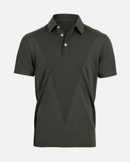 Q-5 Two Tone Tech Polo Shirt in green by The Mountain Studio, featuring a subtle tonal V-shaped front panel, short sleeves, and a three-button placket, crafted from lightweight stretch polyamide for breathability and moisture wicking. thumbnail image