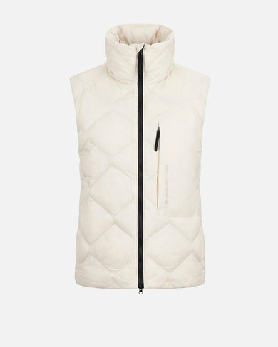 The Mountain Studio V-10 WUL Ultralight Pertex Down Vest in Almond Milk, flat front