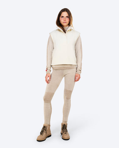 The Mountain Studio V-17 W Microfleece Vest in Almond Milk, on model front
