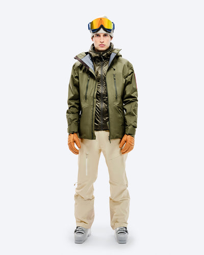 Z-2 EPE GORE-TEX ePE 3L Shell Jacket, on model front, worn open over a vest, styled with cream pants