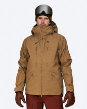 The Mountain Studio Z-2 EPE GORE-TEX ePE 3L Shell Jacket in Otter, on model front, styled with maroon pants